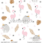 Cute pastel seamless pattern with African animals and gold tropical leaves. Vector hand drawn illustration.