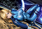 Anime 1528x1080 Liang-Xing drawing women Samus Aran Metroid blonde blue eyes blue clothing planet asteroid