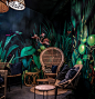 Bar Palmier : Jungle illustration printed on wallpape to decorate the interior of the lounge area of a wine bar.