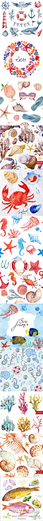 水彩卡通海洋海底生物海马水母贝壳螃蟹鱼无缝背景矢量图素材i169-淘宝网