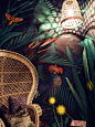 Bar Palmier : Jungle illustration printed on wallpape to decorate the interior of the lounge area of a wine bar.