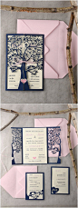 Rustic Laser Cut Tree Pink Navy Wedding Invitations: 