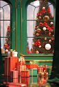 Christmas presents arranged in front of a red window, in the style of daz3d, gold and emerald, joong keun lee, retro visuals, , pictorial space, charles spencelayh