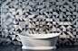 Mosaic bathroom, white bathtub