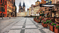Прага, чехия, улица, дома, площадь, цветы