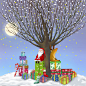 彩灯大树 圣诞夜 圣诞老人麋鹿 礼物盒子 圣诞插图插画设计PSD tid317t000037