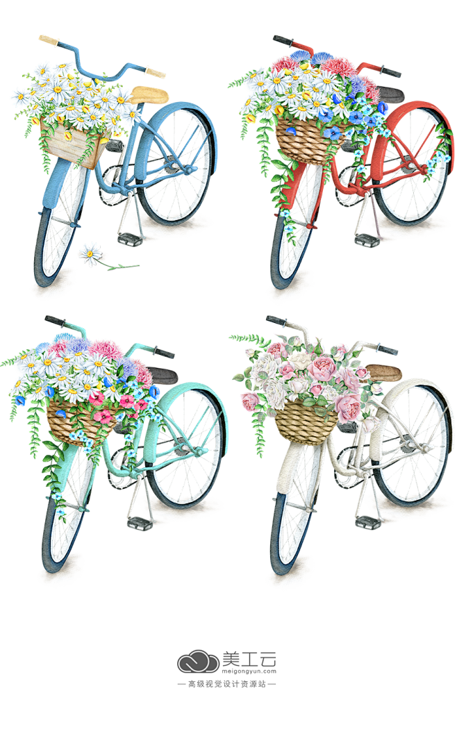 Watercolor-单车鲜花篮场景装饰...