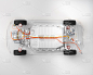 现代电动汽车底盘x射线汽车电池在工作室环境线艺术3d渲染