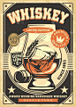 威士忌玻璃促销海报的设计。饮料和饮料复古标志广告.向量威士忌示例.