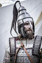 Langobard warrior with armour and Avar lamellar helmet, reconstruction based on findings in Niederstotzingen (Germany). Northern Italy, 6th century. Historical reenactment.: 