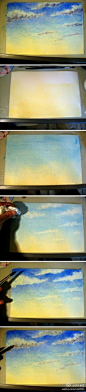 分享一个天空的详细水彩步骤~一开始用黄色...