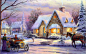 Thomas kinkade，回忆的圣诞节，艺术、 绘画、 冬天、 雪、 小屋、 马 壁纸
