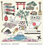 exquisite Japan travel elements collection in line style - Japan country name in Japanese words