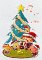 圣诞合唱团-YunArt_儿童插画,水彩,圣诞节,小动物,合唱,手风琴,圣诞树_涂鸦王国插画
