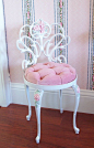 Vintage White Scrolly Boudoir Vanity Chair Stool with Hand Painted Pink Roses Pink Velvet Seat Cushion