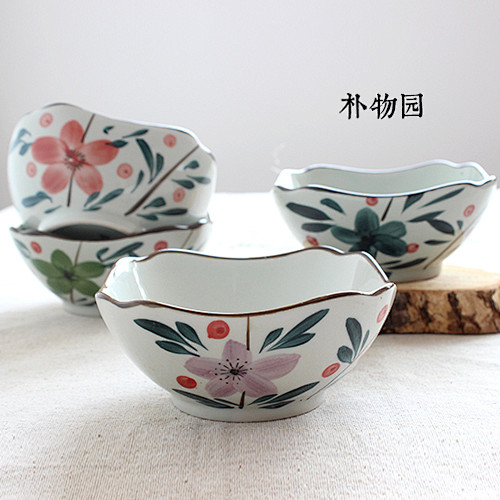 日式和风 釉下彩手绘仿古 创意四方花碗 ...