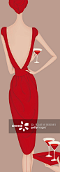Rear view of elegant woman wearing red backless dress drinking cocktail