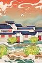 中国风城市建筑古典国潮风宫廷古楼插画手绘漫画PSD海报设计素材