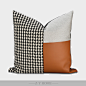 现代简约样板房设计师沙发靠包黑白千鸟格纹麻质织拼接棕色皮方枕-淘宝网