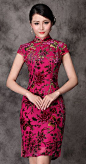 Rose red floral silk velvet short Chinese qipao dress Available size S-4XL