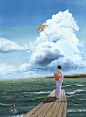 金泽MARIKO的水彩画。（金泽MARIKO于1954年生于长崎，45岁那年突然决定开始学水彩画。“在那之前，我从未想过要学画，只是呆呆地凝视着飞机云的时候，突然冒出了‘要不……学画吧’的念头。那时有一种强烈的感觉，好像一扇封印的门打开了。”两年后，金泽MARIKO获得“诗与童话“插画比赛佳作奖。）