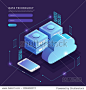 Isometric flat design concept cloud technology data transfer and storage. Connecting information. Vector illustrations.