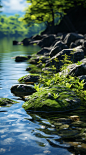 a rock covered with grass with moss on the water, in the style of rendered in cinema4d, shallow depth of field, photo-realistic landscapes, tropical landscapes, xbox 360 graphics, japanese minimalism, delicately rendered landscapes