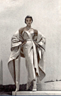 Jean Patchett in Christian Dior's blue and white satin evening gown and stole, 1951