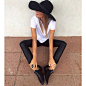 Cute outfit , casual edgy , felt hat , basic white tee , ankle boots , zipper be tail , zips , wet look pants