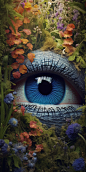 an image of a mushroom blue eye looking through a garden of flowers, in the style of detailed feather rendering, realistic genre scenes, surrealistic dystopia, national geographic photo, hyper-realistic sci-fi, surrealistic grotesque, daz3d