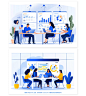 Flat illustration, group meeting discussing the concept of the marketing Data , Dashboard, bright navy and gold, white background --ar 3:2