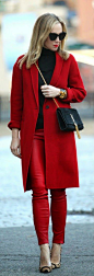 RED LEATHER PANTS - Red Long Sleeve Coat with Leather Pants and Leopard Haircalf So Kate Pumps / Brooklyn Blonde