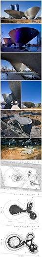 Tri-Bowl复合文化空间，位于韩国仁川的松岛中央公内，由iArc Architects事务所设计。本项目是集展览、表演与社会活动于一体的多功能综合体，建筑仿佛是躺在宁静水面上的三个相互合并的碗，游客需通过长长的引桥才能进入内部空间。建筑外墙由素混凝土和铝塑板组成，极具视觉冲击力。