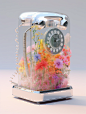 Telephone semi transparent melting, surrounded by flowers, neon, visible inside, iridescent opague thin film, Dieter Rams designer, Bauhaus style, high detail, 8k HD, industrial design, detailed, white background, advanced color matching, studio lighting