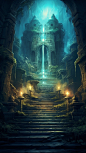 a futuristic image showing stairs leading into a large building, in the style of exotic fantasy landscapes, atmospheric landscape paintings, god rays, dark cyan and gold, intricate landscapes, stone, hd