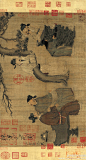 #工笔人物#【 五代 周文矩 《文苑图》 】卷，绢本设色，37.4×58.5cm，北京故宫博物院藏。 画中精心描绘了李白等四位文人运思觅句的生动情态。这件作品以前被认为是唐代韩滉作，根据是画上有宋徽宗赵佶题“韩滉文苑图”及“天下一人”押宇等。但据今人考证，此图乃五代周文矩《琉璃堂人物图》的后半部。