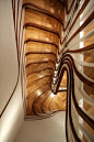 【史上最凌乱的木头楼梯】：这是工作室Atmos Studio带来的一款非常有创意的木头楼梯，位于伦敦，大量而又大胆的曲线使用，让整个楼梯呈现出一种狂放的运动感，如同暴雨中那些不羁的柳条，肆意抽打着狂风……但是配上这颜色，却又安静得像一滩融化的巧克力了……