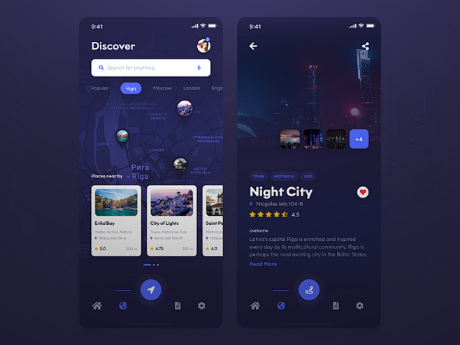 发现美丽的旅游地方应用程序[黑暗]设计目...