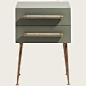 Bedside table two drawer, wicker handle, brass trim & legs: 