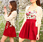 Ariadna Majewska - Romwe White Floral Corset Top, Oasap Red Flared Skirt, Awwdore White Lace Cardigan - Smell of spring
