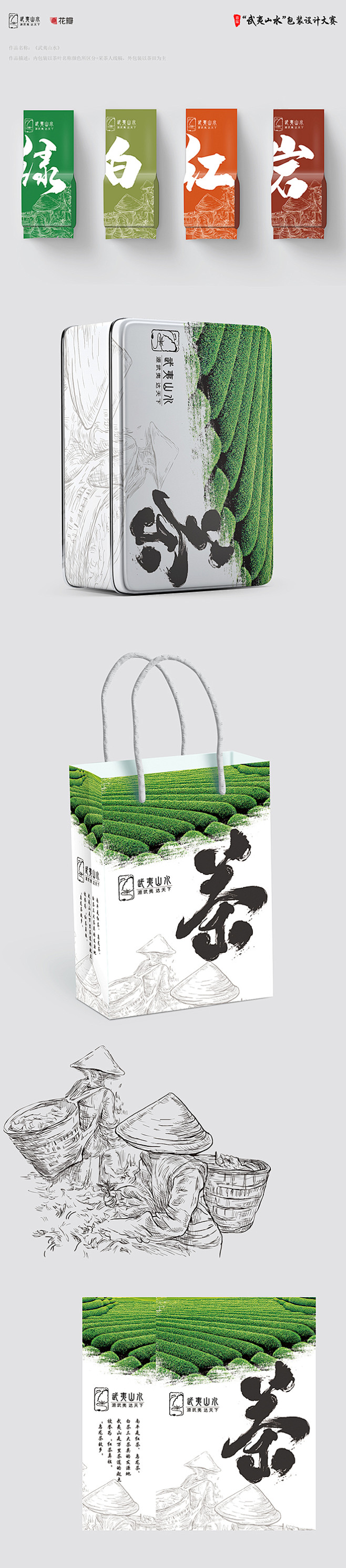 以采茶人线稿+茶田为主题，内包装分别以茶...