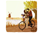 Dutch marriage couple child windmill river family bycicle wedding holland color illustration