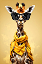 Cute Baby giraffe with big black sunglasses.Cartoon digital painting. Background yellow African style. Giraffe with African skirt.Perfect anatomy. Beautiful details in image. Image shows viewer so beautifully. 