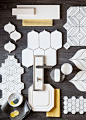 White and grey with a touch of yellow make a snappy modern statement. This collage of Walker Zanger tile features the many shapes in white we offer in our 6th Avenue, Studio Moderne, Tribeca, Jet Set and Tangent collections in marble and ceramic tile. The