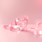 Light pink background, clean background, heart-shaped crystal transparent body, crystal body with angles, crystal is smooth, there is a ribbon on the ground, the ribbon extends from the ground to the air, floating ribbon, product effects , 3D ar 16:9