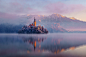 General 2048x1365 nature landscape architecture church trees mountain winter snow mist island lake water reflection sunset Slovenia