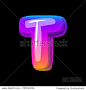 Vector colorful curvy liquid 3d volumetric letter t on black Bubble shapes layout design neon colours bright shiny colorfull bold letter t gradient pink purple blue yellow colors shiny glossy