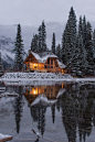 wooden house near pine trees and pond coated with snow during daytime