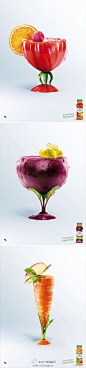 【创意的饮料广告海报】 看上去像蔬菜鸡尾酒, 100%蔬菜制作, 看上去就想让人尝尝味道。