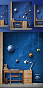 儿童书房 蓝色银河系 木制书桌 简约时尚 家居海报设计PSD_平面设计_海报